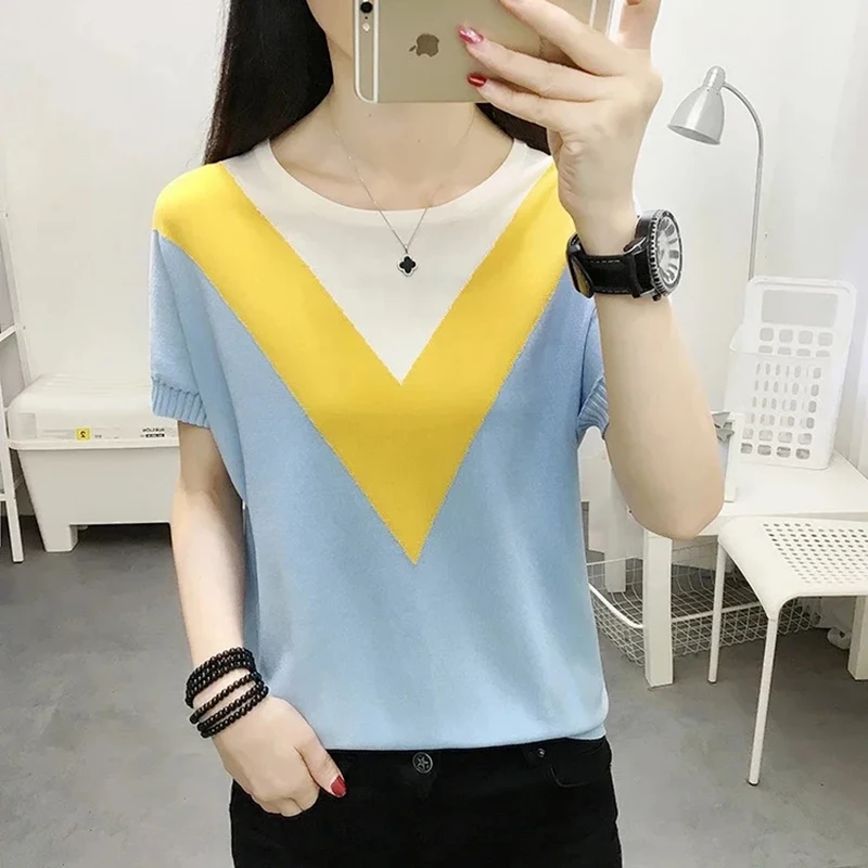 

Summer Knitted T Shirt Women Contrast Color Top Elasticity Short Sleeve T Shirts Ladies Clothes 2022 Thin O Neck Tee Shirt Femme