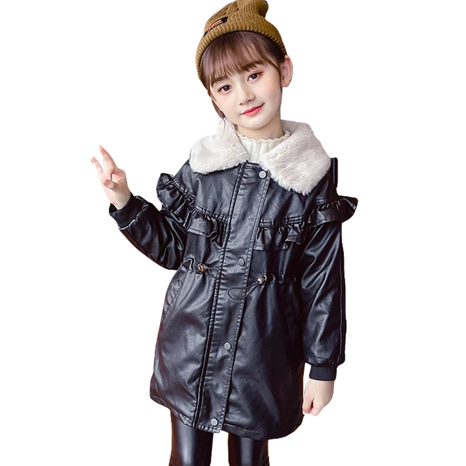 

Кожаная куртка для девочек, плотная теплая длинная куртка для девочек, детские осенне-зимние куртки для девочек, Повседневная стильная одеж...