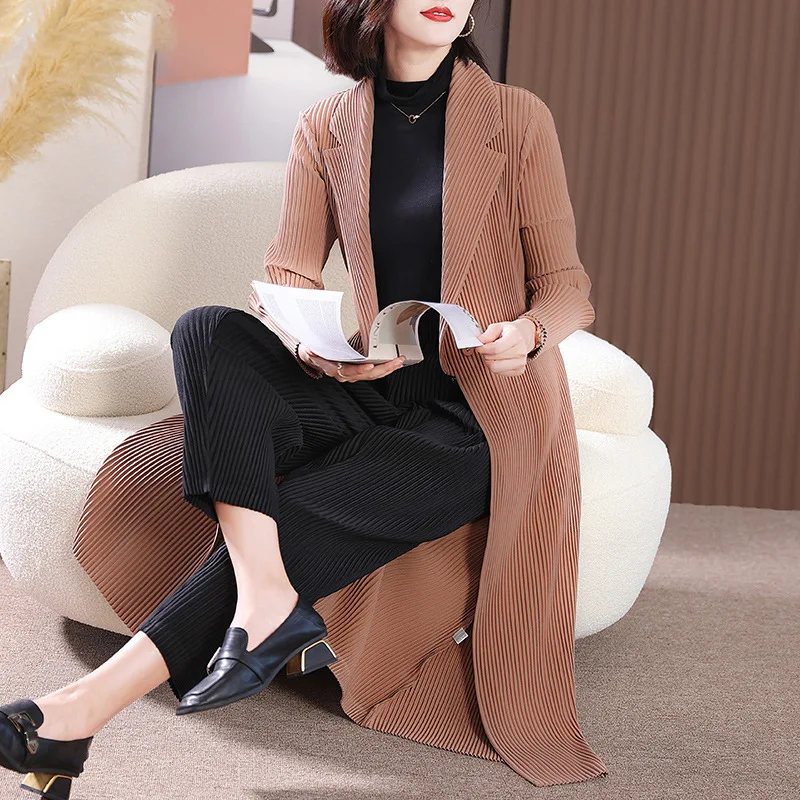 

Miyake Pleated High-End Mid-Length Coat for Women 2022 Autumn Winter New Noble Lady Fashion Casual Trench Coat Age-Reducing Coat