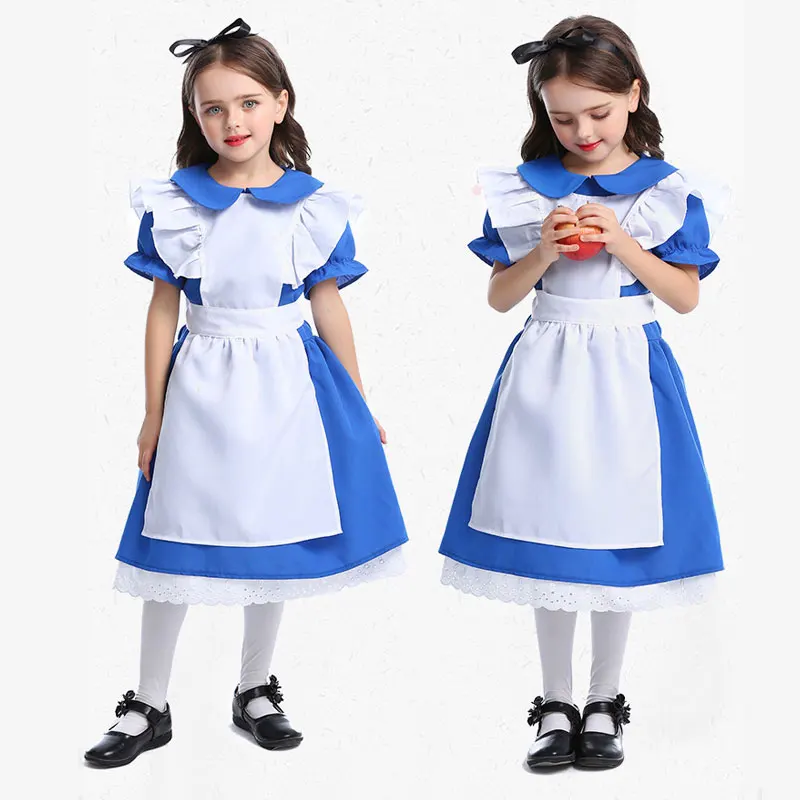 

Детский голубой костюм Алисы в стране чудес для девочек, платье для детей, косплей горничной лолиты, аниме-игры, карнавал, Хэллоуин, искусственные костюмы