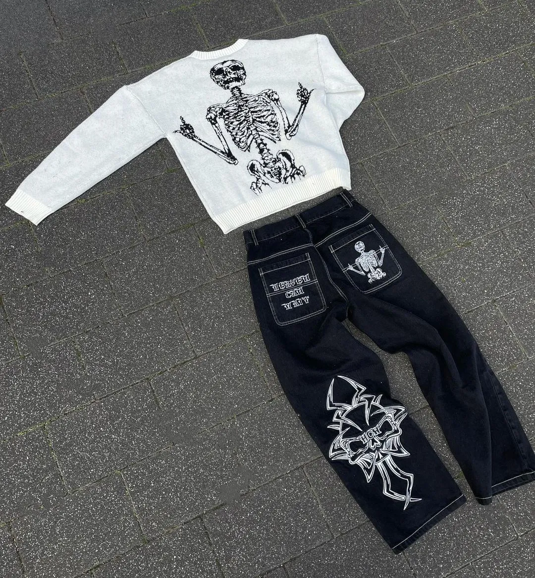 Retro Skull Embroidery Washed Mens Jeans Pants Y2K Straight Casual Oversize Denim Trousers Loose Streetwear Pantalones