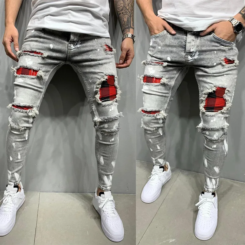 2022 Hot Sale New Fashion Super Elastic Personality Men's Skinny Ripped Paint Jeans Skinny Stretch Jeans Patch Design Trousers