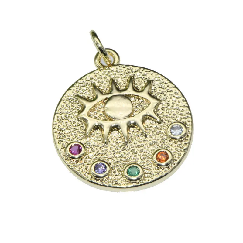 

Jewelry Charms High Quality Color Remain Gold Plated Rainbow CZ Setting Round Pendant Charms for DIY Women Necklace