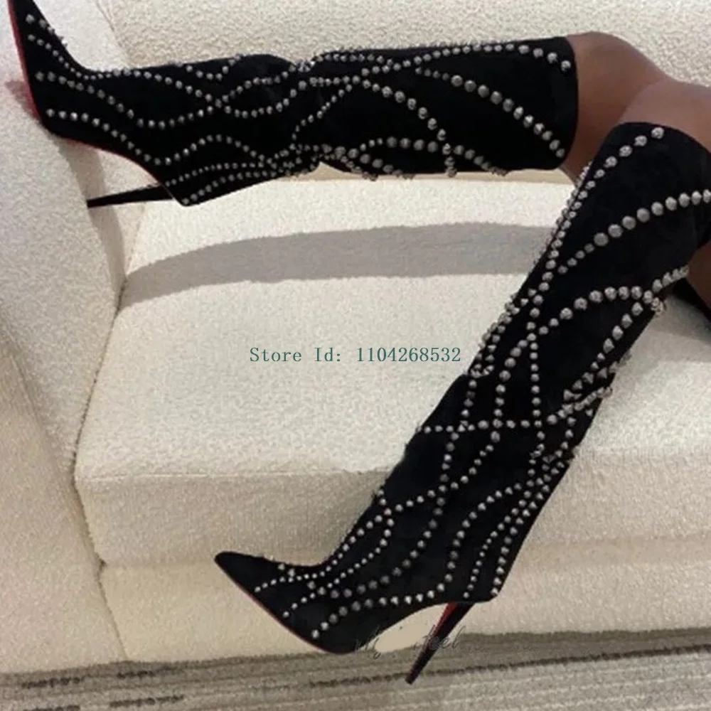 Замшевые сапоги до колена с заклепками подиумные ботинки пикантные модные