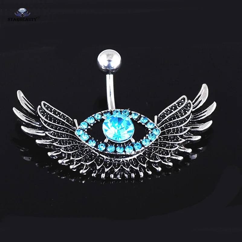 

14G 1.6x10mm Lake Blue Retro Wing Navel Piercing Nombril Rhinestone Belly Button Rings Pierc Belly Piercing Ombligo Body Jewelry