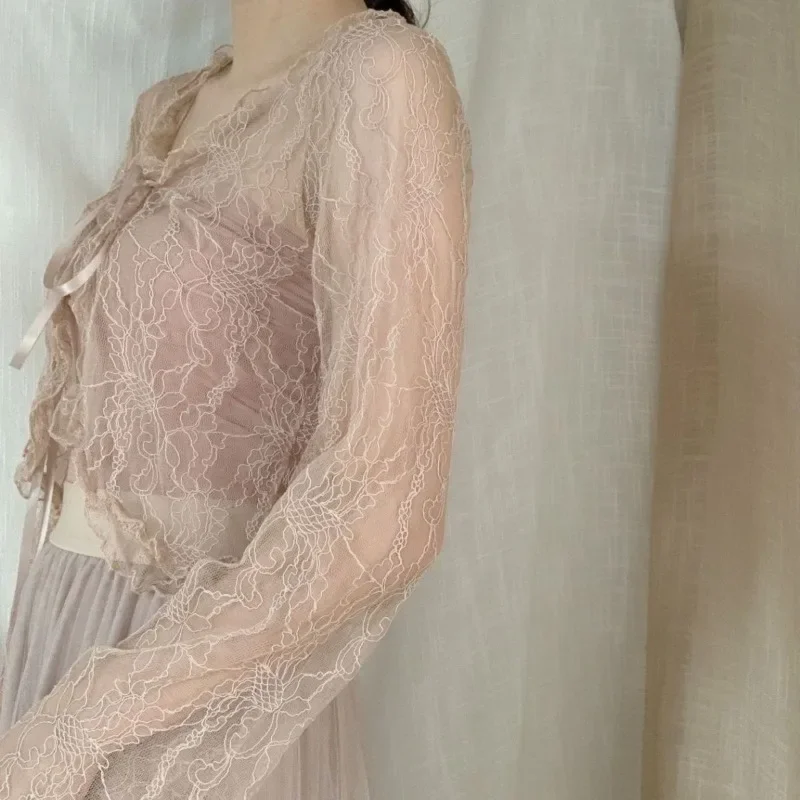 Винтажные кружевные прозрачные блузки женская кокетка милая короткая рубашка