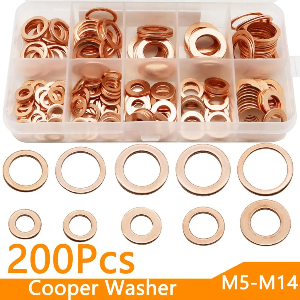 

200 Pcs Copper Sealing Solid Gasket Washer Sump Plug Oil Pack For Boat Crush Flat Seal Ring Tool Hardware M5 - M14 Accessories