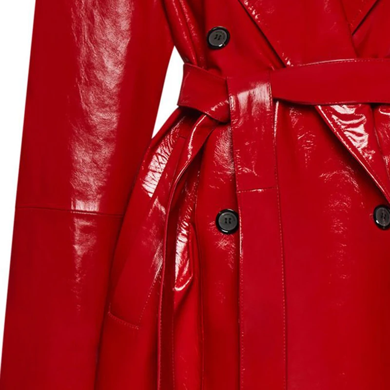 Модная красная ветровка из овчины длиной до колена двубортное стильное женское