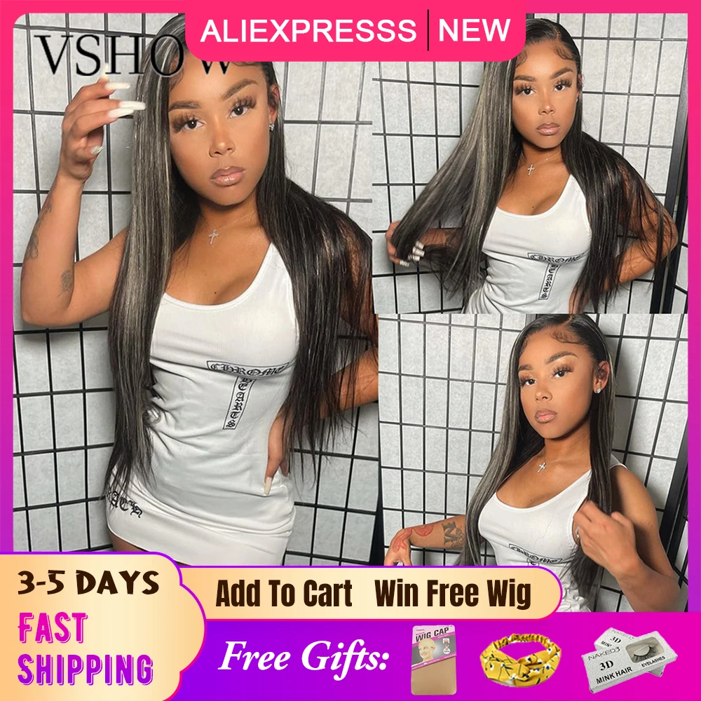 

Gray Highlight Blonde Human Hair Wigs For Women Colored Straight Wig 613 Lace Front Wig Ombre Half Black Hair Frontal Lace Wigs