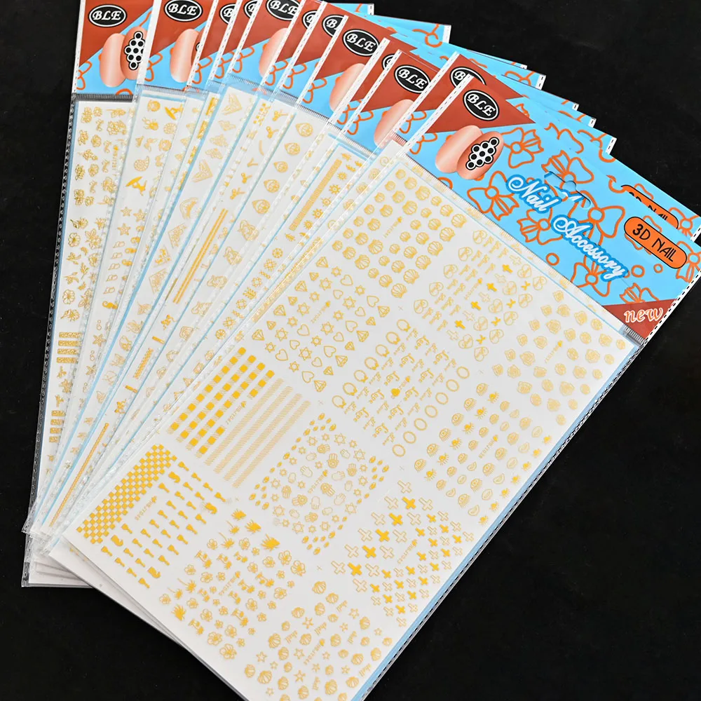 

12Sheets/Set Gold 3D Nail Art Stickers /Adhesive Hollow Decals Mixed Designs Flower Leaf Nail Slider /3D Nail Transfer Stickers