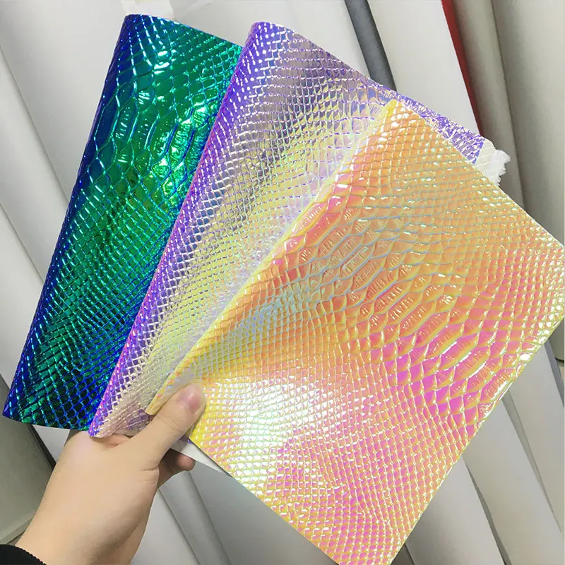 

46*135CM Crocodile Skin Embossed PU Dichroic Holographic Metallic Leather Fabric Sheet For Shoe/Bag/DIY Accessories/Earring