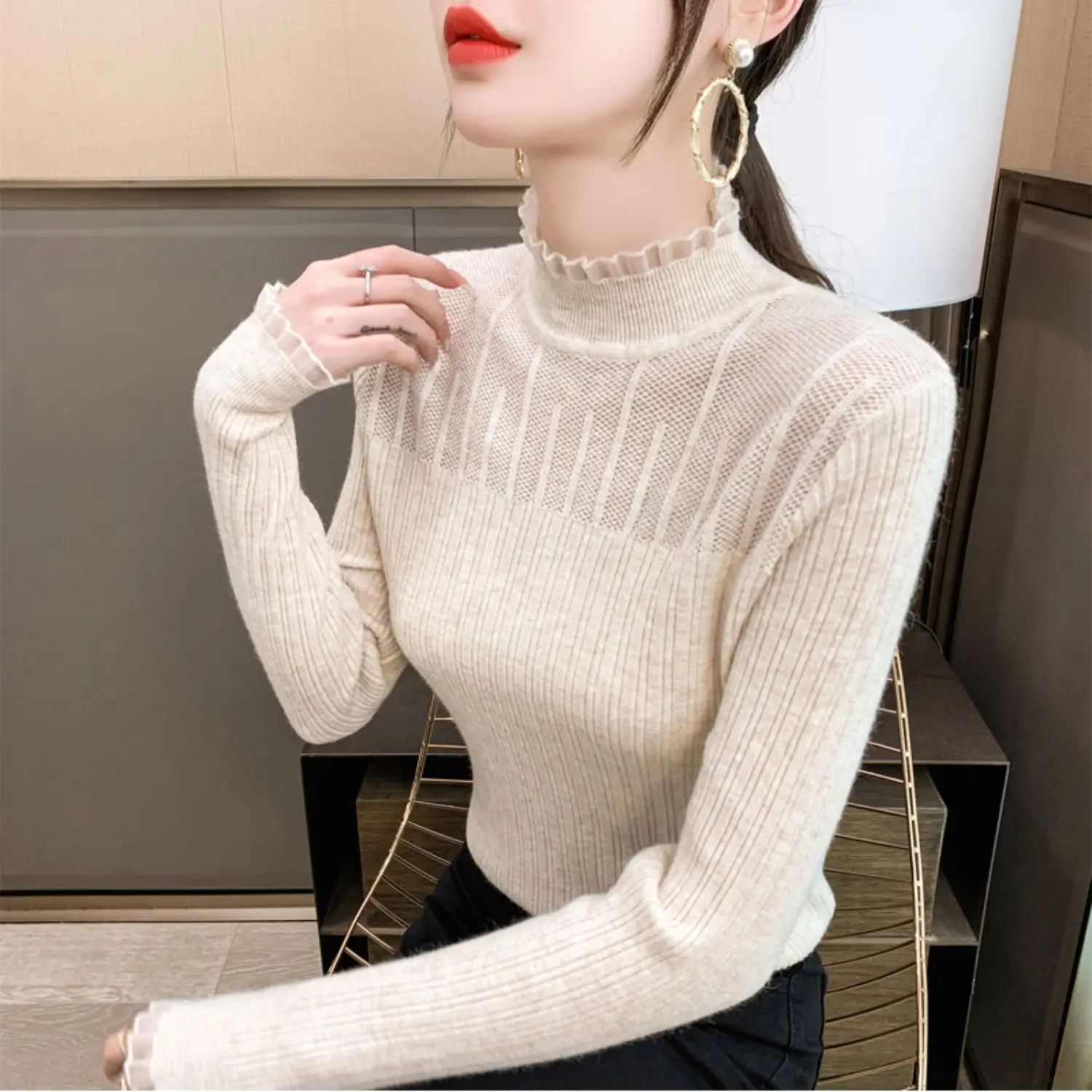 Модный осенний милый свитер с длинным рукавом и полувысоким воротником пуловеры