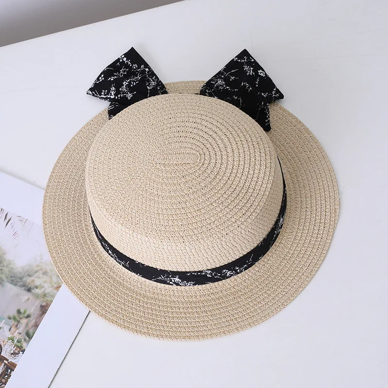 Summer Versatile Parent-child Sun Straw Hat Fashion Kid Flat Top Bow Cap Outdoor Leisure Vacation Sunscreen Hat Female Beach Hat