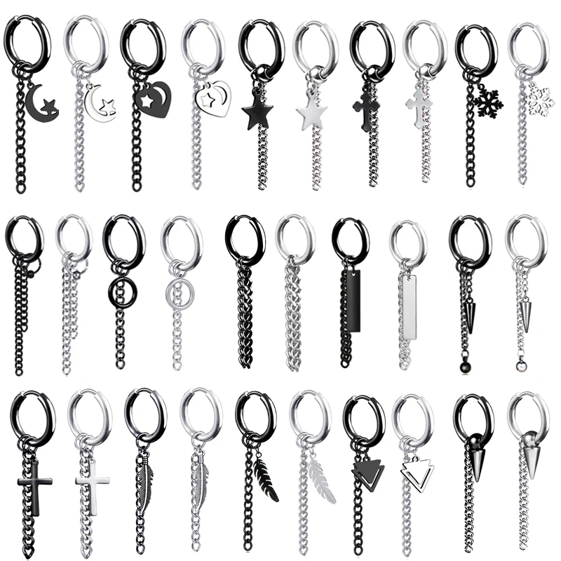 

2pcs/set Punk Earrings for Men Women Black Chain Stainless Steel Earring Accessory Gothic Hiphop Hoop Circle Earrings Jewelry