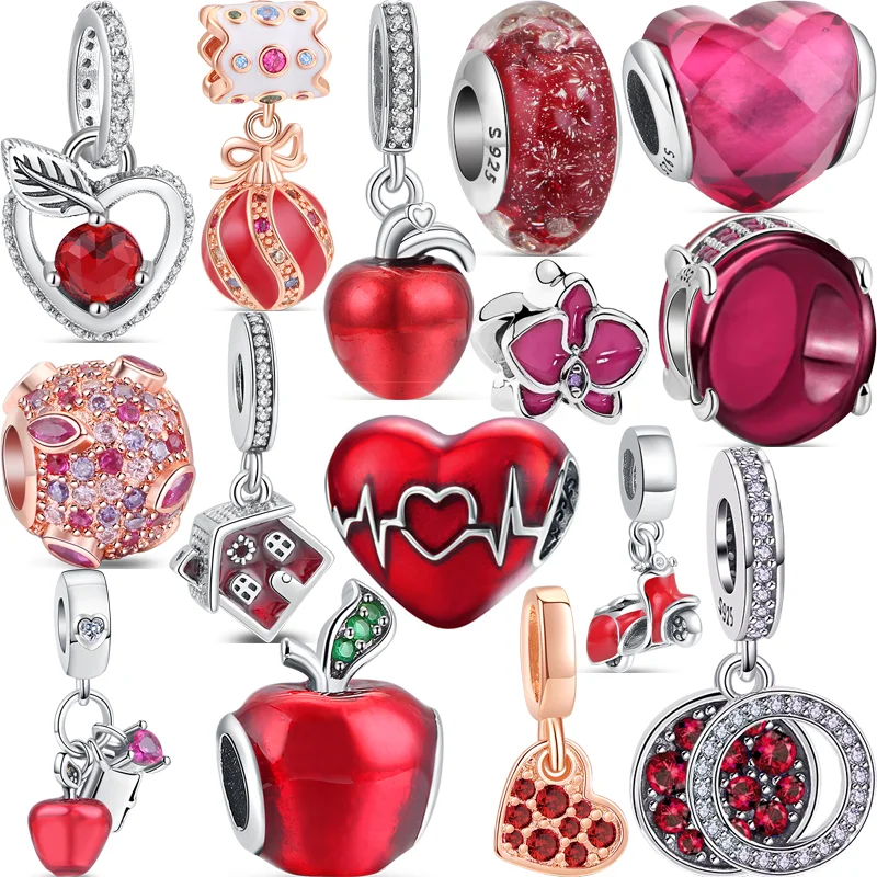 

New 925 Silver Hand Painting Red Zircon Watermelon ECG Graph Beads Fit Original Pandora Charm Bracelet Bangles Women DIY Jewelry