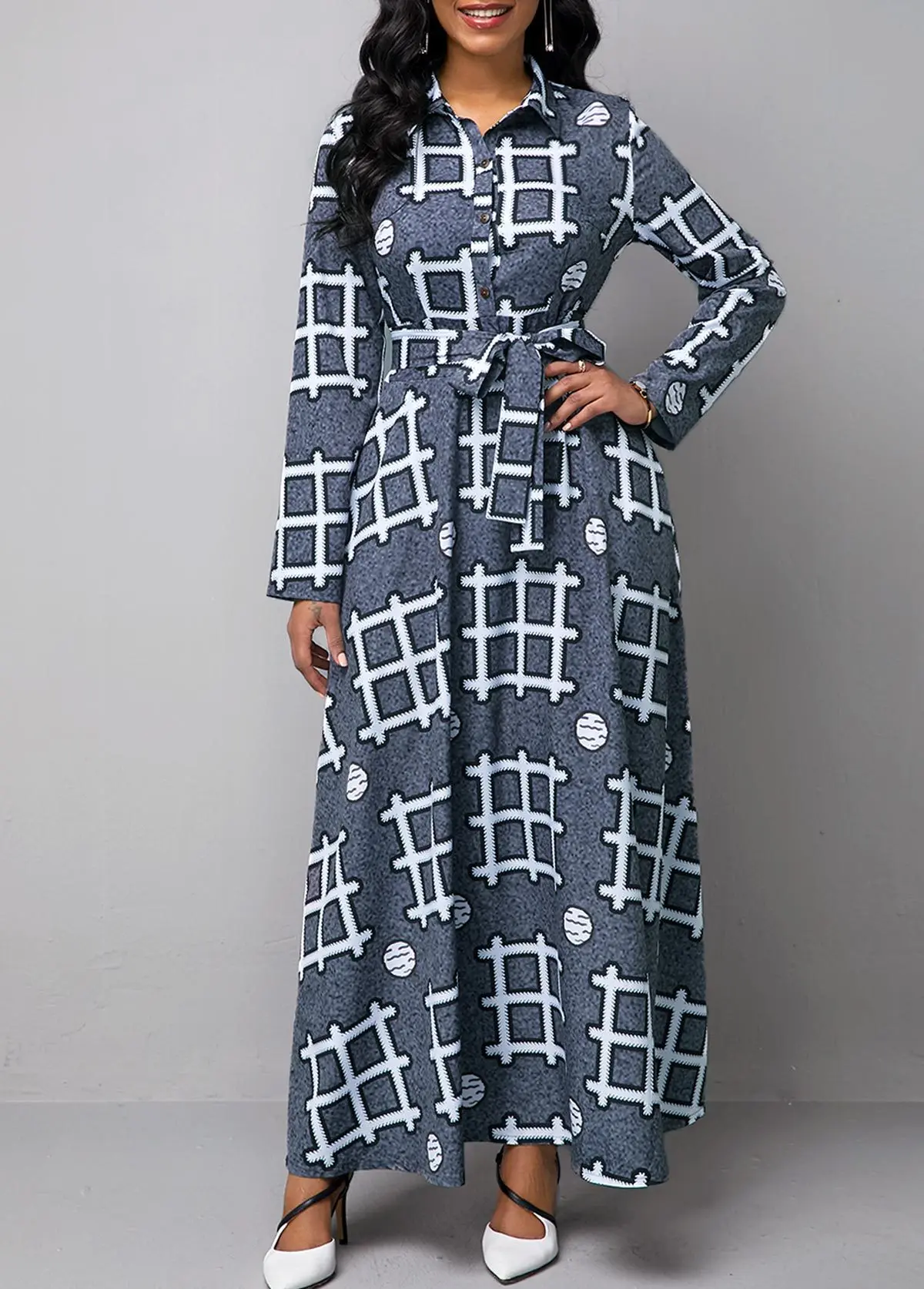 

Print Ladies Dress Long Dress Bend Belt Casual Shirt Dress Button
