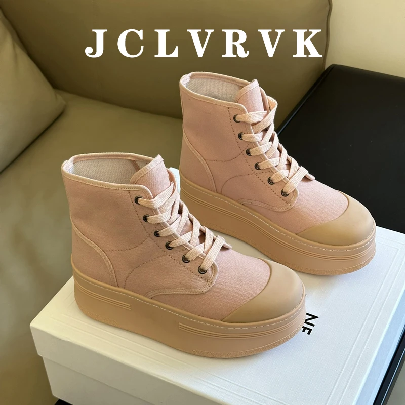 

JCLVRVK Platform Shoes Women Casual Sneakers Round Toe Lace Up Thick Sole Height Increasing Canvas Shoes Designer Short Boots