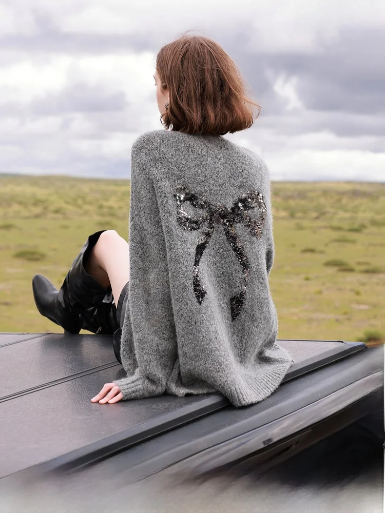 Tricolor Ibudu2024 Winter New Beaded Embroidery Bow Knit V-neck Sweater Cardigan Lazy Leisure