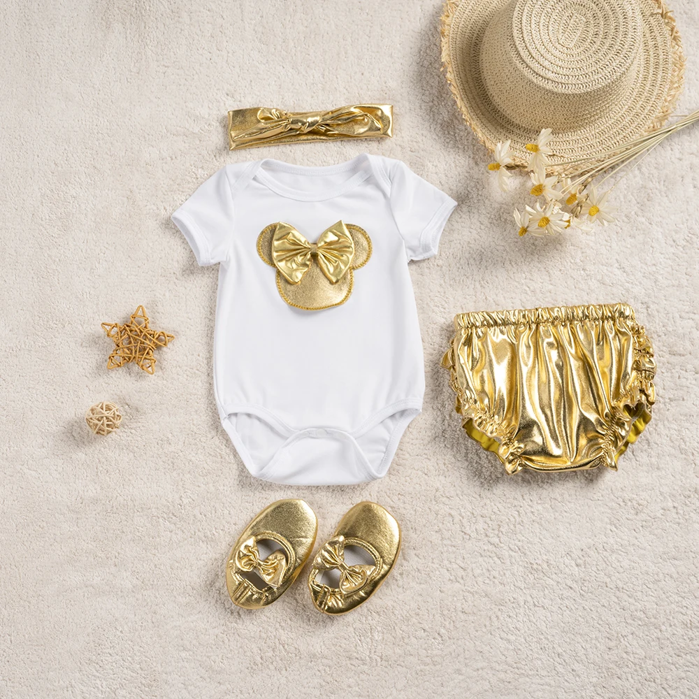 

2023 New Baby Girl Clothes White Cotton Mouse Rompers Golden Ruffles Baby Girls Tutu Skirt Shoes Headband Cute Newborn Sets