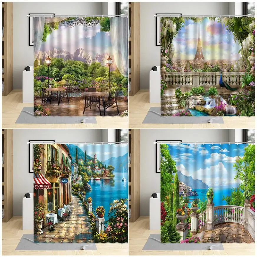 

European Style Landscape Shower Curtains Seaside Town Flowers Plant Street Scenery Print Fabric Bathroom Curtain Set Decor Hooks