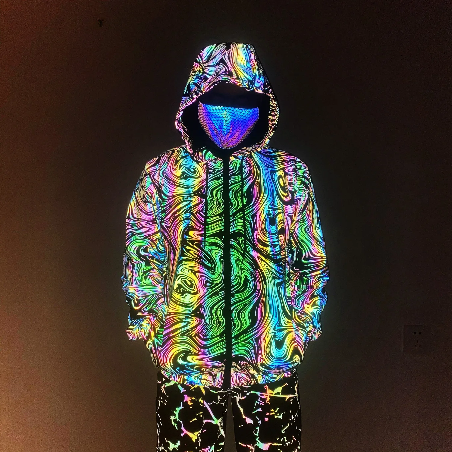 Mattswag Colorful Reflective Party Jackets Hip Hop Laser Rainbow Zipper Hooded Sweatshirts Loose Cool Knitted Breathable Coats