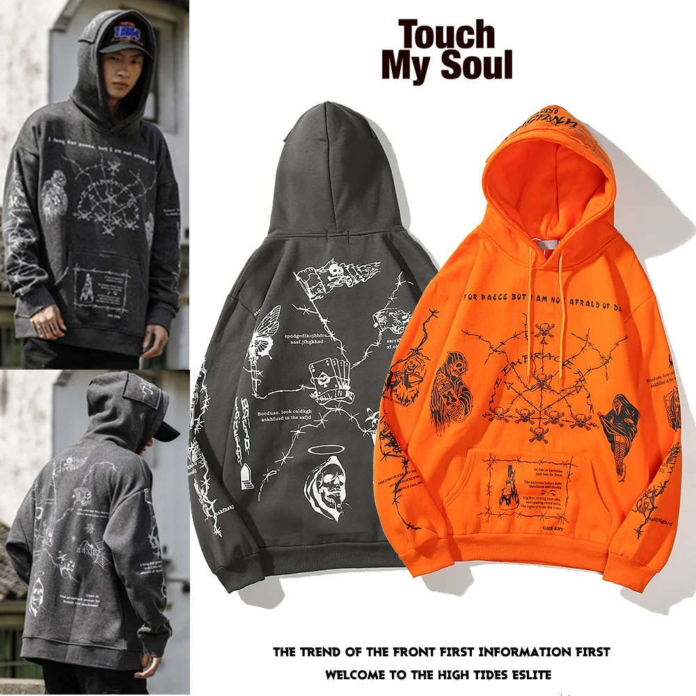 

Hip Hop Hoodie Sweatshirt Men Streetwear Skull Graffiti Print Pullover Cotton Autumn Grey Harajuku Punk Clothes
