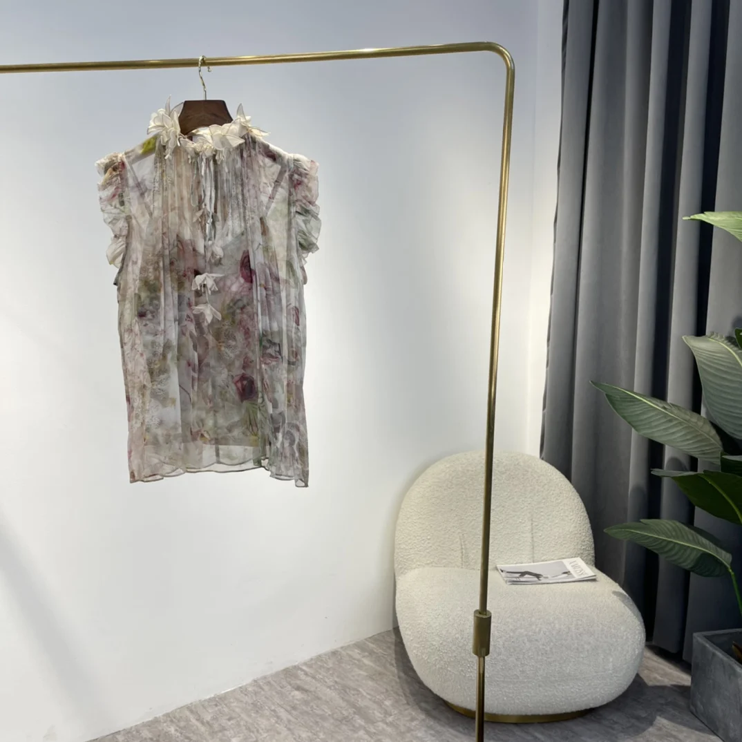 

Женская Свободная блузка без рукавов, шелковая блузка с цветочной вышивкой и аппликацией, лето 2022