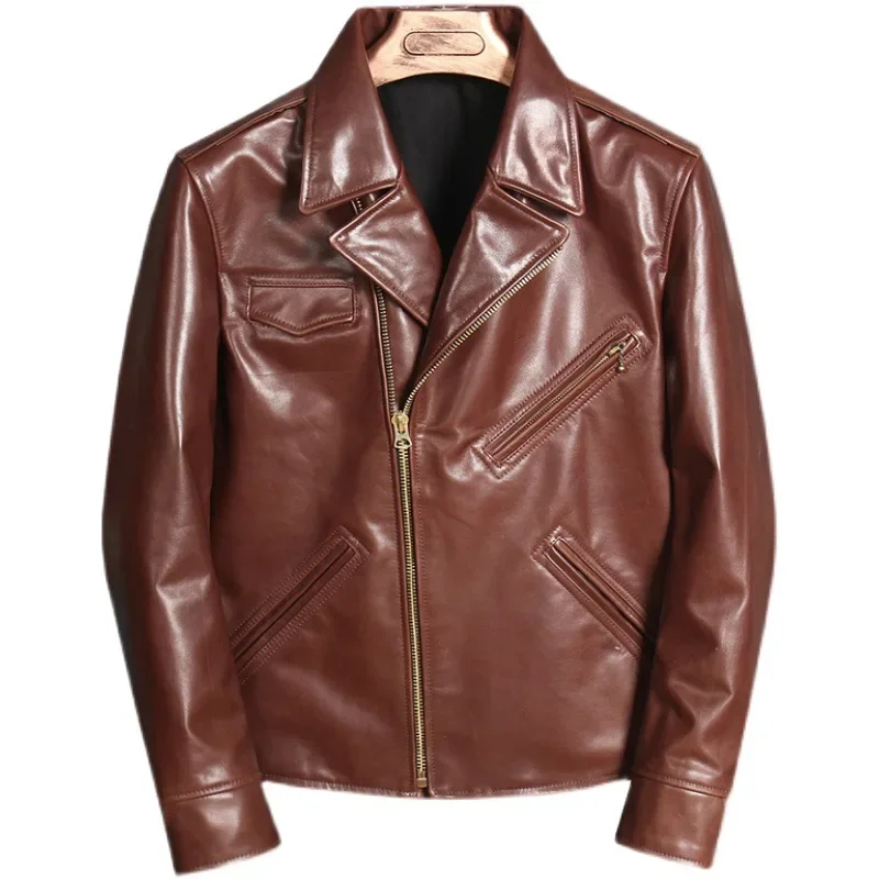 Модная байкерская куртка из коровьей кожи мужская укороченная на молнии с