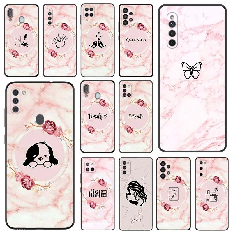 

Black Phone Case For Samsung M54 A03 A02 A01 A04 M30S M21 M31 M51 M32 M62 M22 M52 M23 M33 M53 Flower Marble Pink Topical Cover