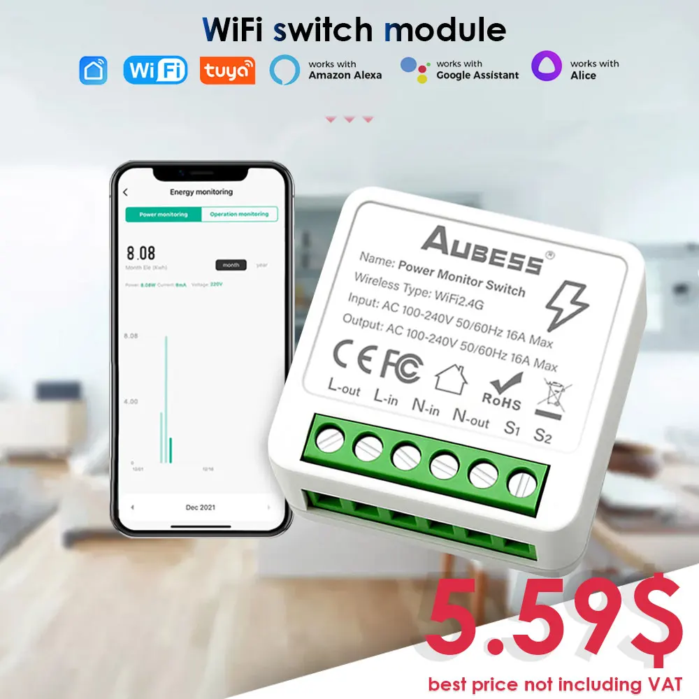 Tuya Smart Wifi Switch 16A 220V Energy Meter Dual-control Light Switch Power Monitor Work With Alexa Google Alice Smart Life