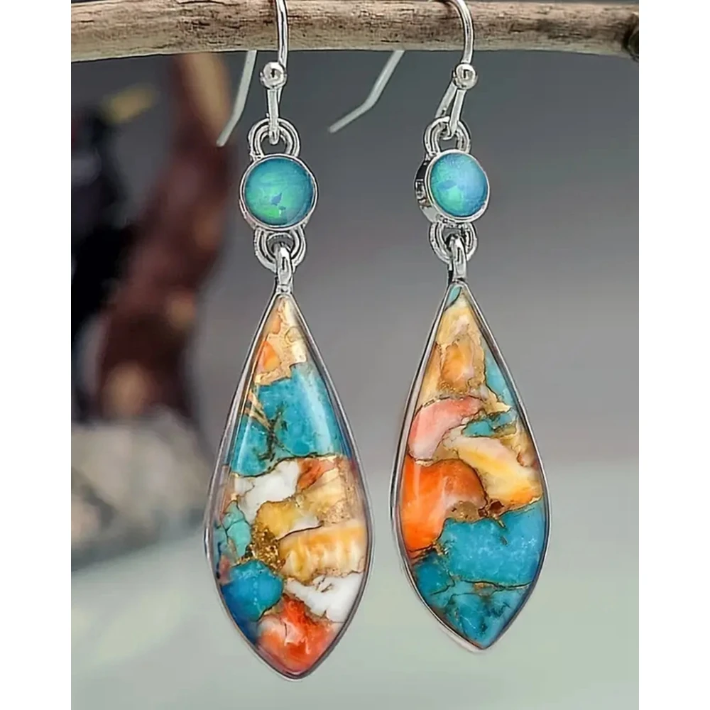 

1Pair Vintage Colorful Glass Teardrop Earrings Jewelry Gift for Women Copper Geometric Drop Earrings Going Out Accessories