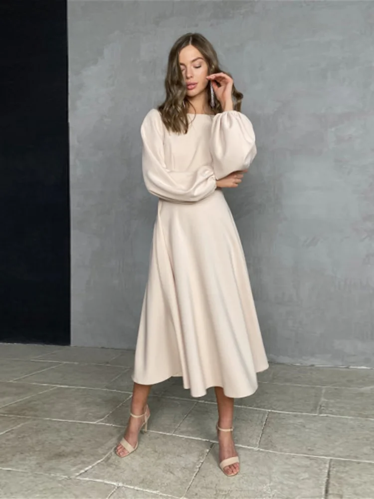 

Sexy Backless Deep V Neck Dress Elegant Lantern Sleeve Party A-Line Midi Dress 2022 New Fashion Vintage Summer Dresses for Women