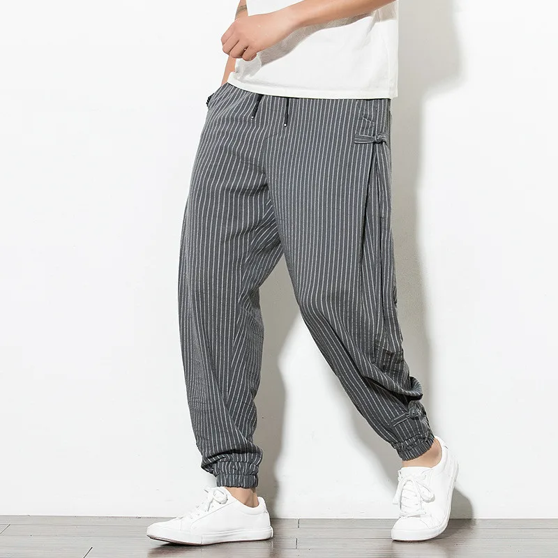 

Ankle-Length Pants Drawstring Stripe Linen Chinese Style Lantern Harem Trousers Causal Overisized Brand Man Pants Street Style