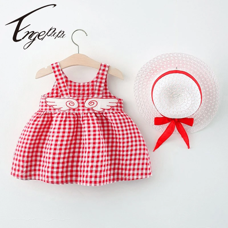 

2022 Baby Girls Toddler Grid Wing Dresses For Girls Dresses And Hat Korean Summer Newborn Baby Kids Girls Dress Sleeveless Dress