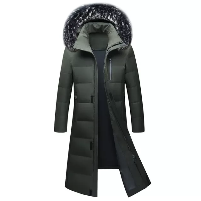 New2022 Winter New Men's Knee Long Down Jacket Fashion Thicken Warm White Duck Down Fur Collar Hooded Parka Coat Male Brand