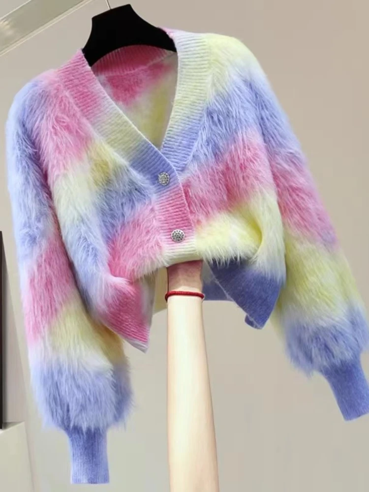 

Women Colorful Striped Mohair Knit Sweater 2023 Autumn Winter Korean V-Neck Faux Fur Short Cardigan Tops