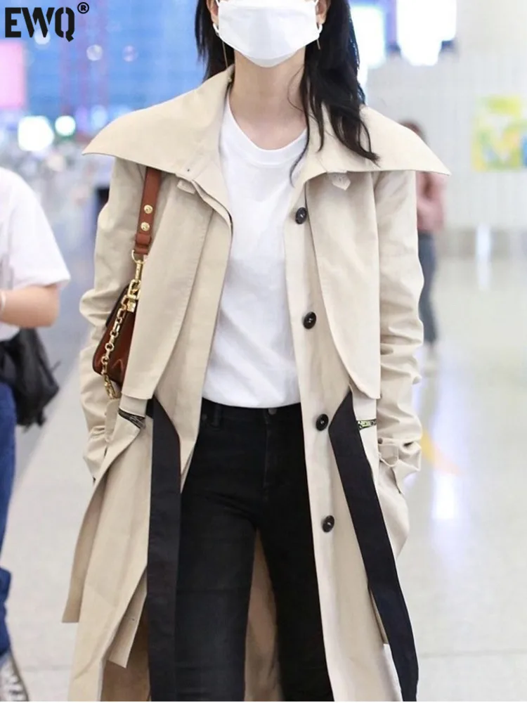 

[EWQ] Full Sleeve Ladies Windbreaker Fashion outwear Loose Casual Long Overcoat Autumn 2023 Winter New Women Trench Coat 16U5801