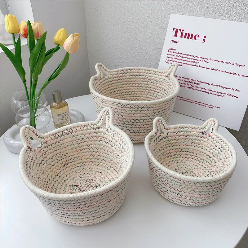 

Baskets Box Cat Desk Home Woven Cosmetic Storage Ear Basket Cotton Storage Fruit Organizer Picnic Storage Rope Basket Container