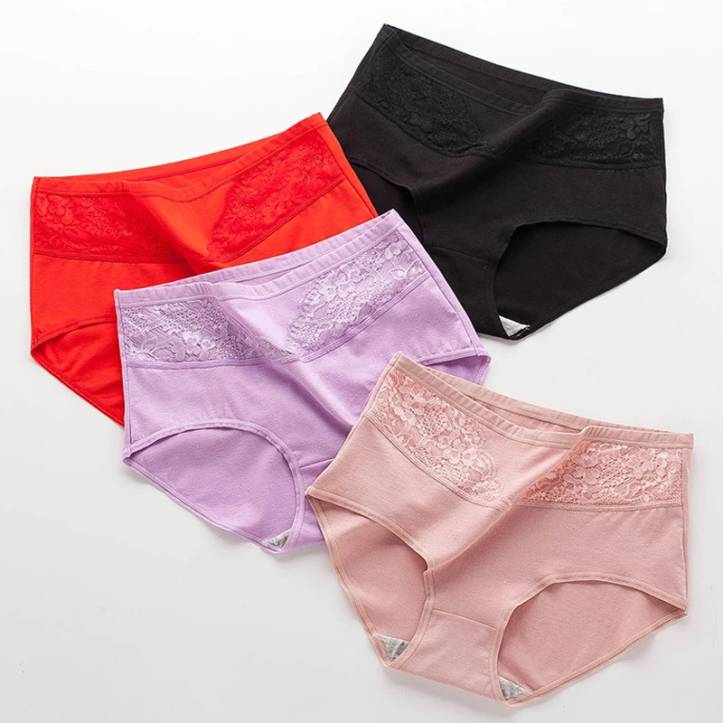 

High Rise Panties for Women 100% Cotton Solid Color Comfortable Briefs Lace Underwear Plus Size Female Lingerie Calzones Mujer