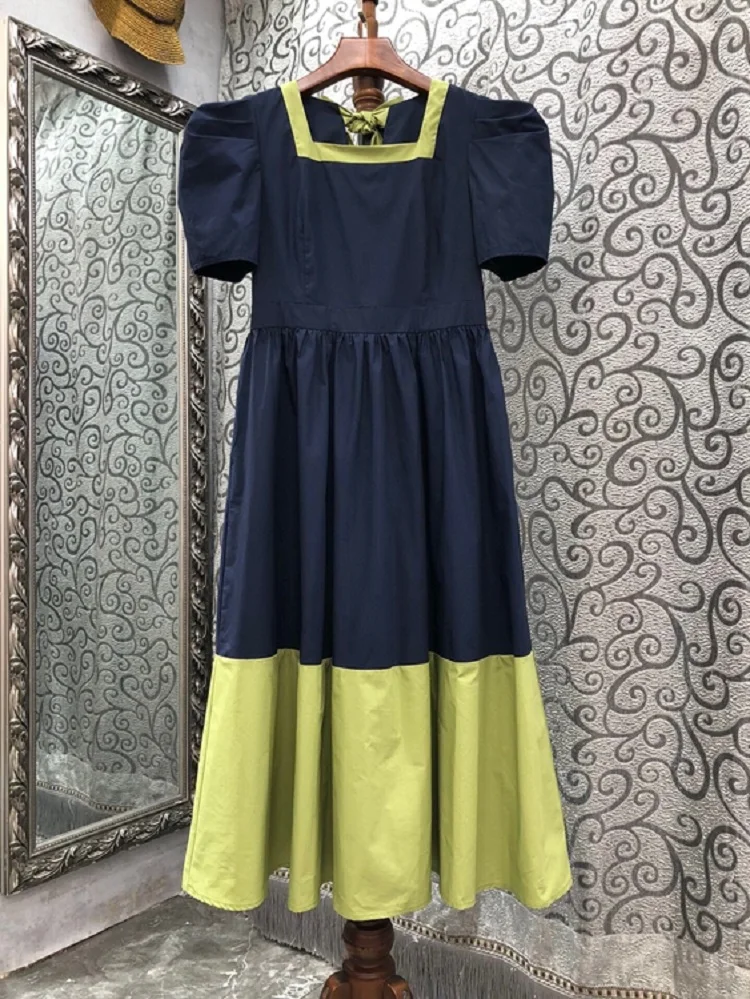 100%Cotton Dress 2022 Summer Style Women Sexy Square Collar Back Bow Deco Short Sleeve Color Block Casual Dark Blue Dress Runway