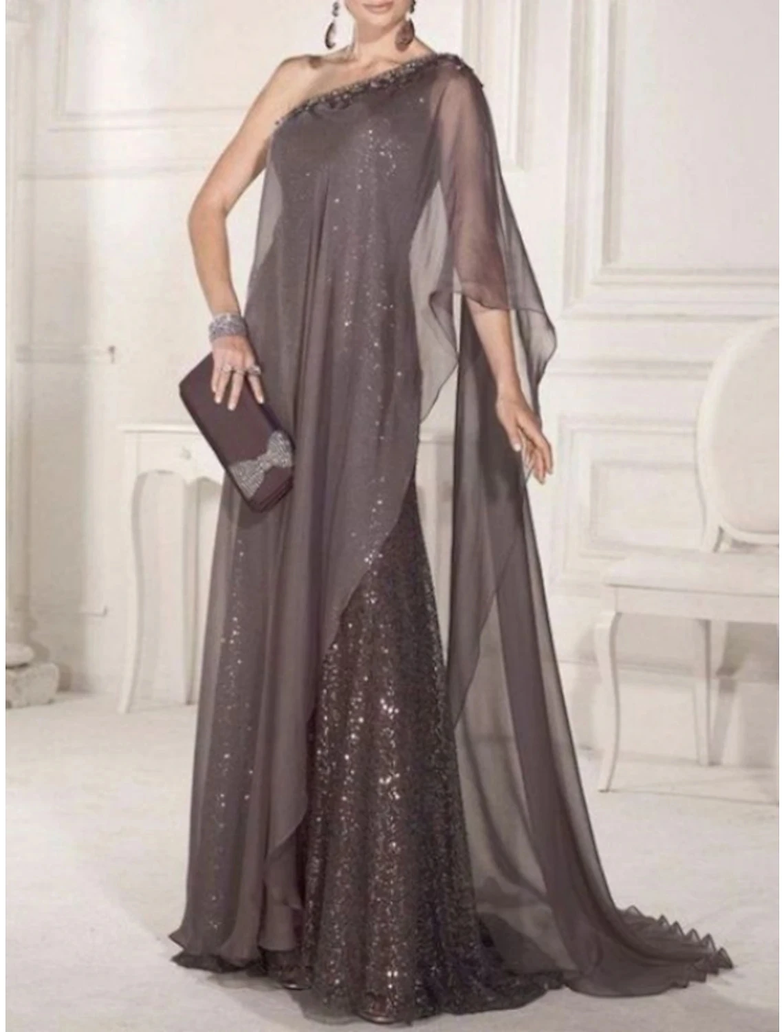 

Sparkle Chocolate Evening Dresses 2023 One Shoulder Beading Sequined Chiffon Formal Prom Gowns Robe De Soiree Vestidos Fieast
