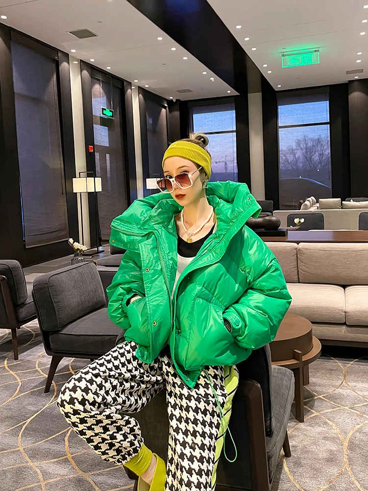 

Women's Street Jacket Short Bread Coat Candy Color Shiny Warm Large Hooded Cotton-padded Winter Fashion