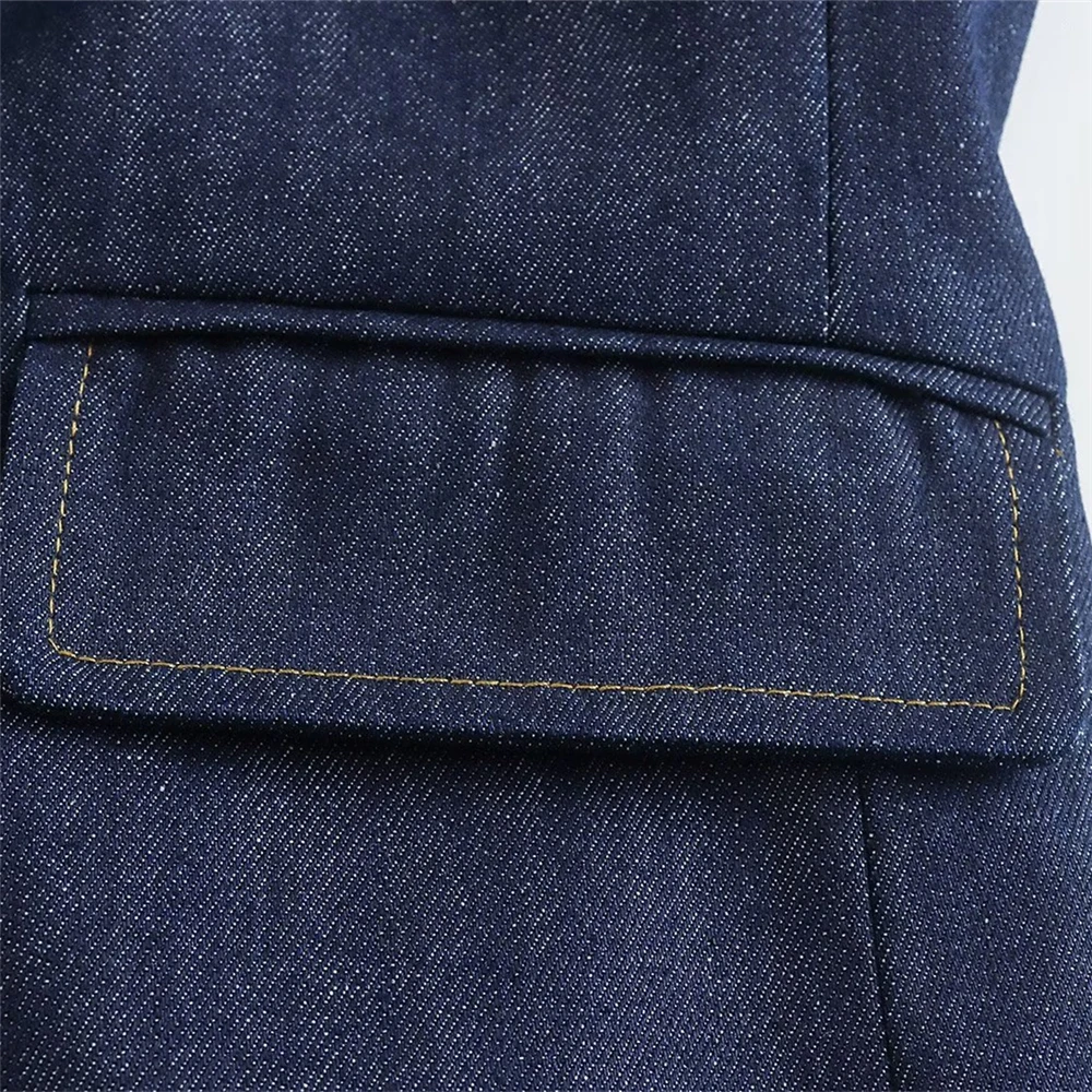 KEYANKETIAN Women's Denim Blazer High Street Casual one button loose navy blue pocket trim Denim jacket new style