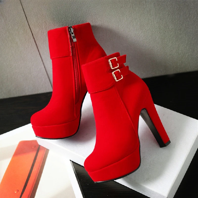 

fashion Women Ankle Boots Round head Platform High Heel Boots Pumps Female Sexy Stiletto Zipper Stretch Fabrics Boots black red