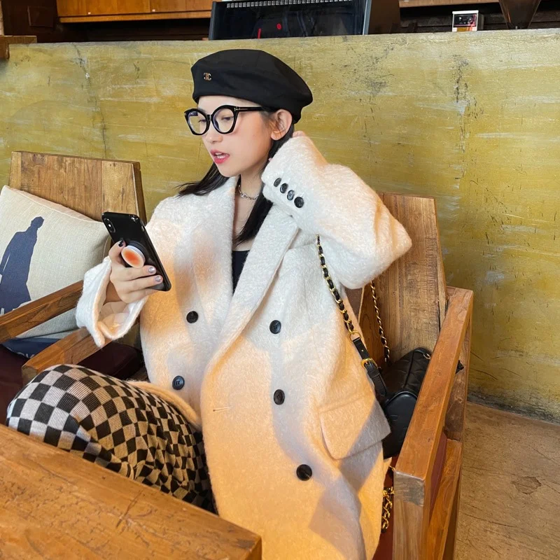 

Korean White Woolen New Coat Luxury Elegant Lady Winter Women's Casual Double-Breasted Loose Thick Wool Jackets Outwear
