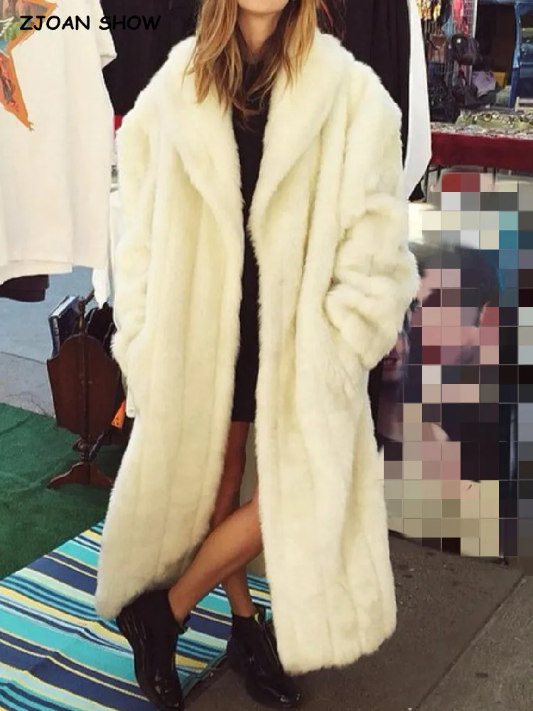 

2022 Winter Lapel Collar Hairy Shaggy Faux Fur Long Teddy Coat Beige Woman Soft Fluffy X-Long Jackets Keep Warm Outerwear