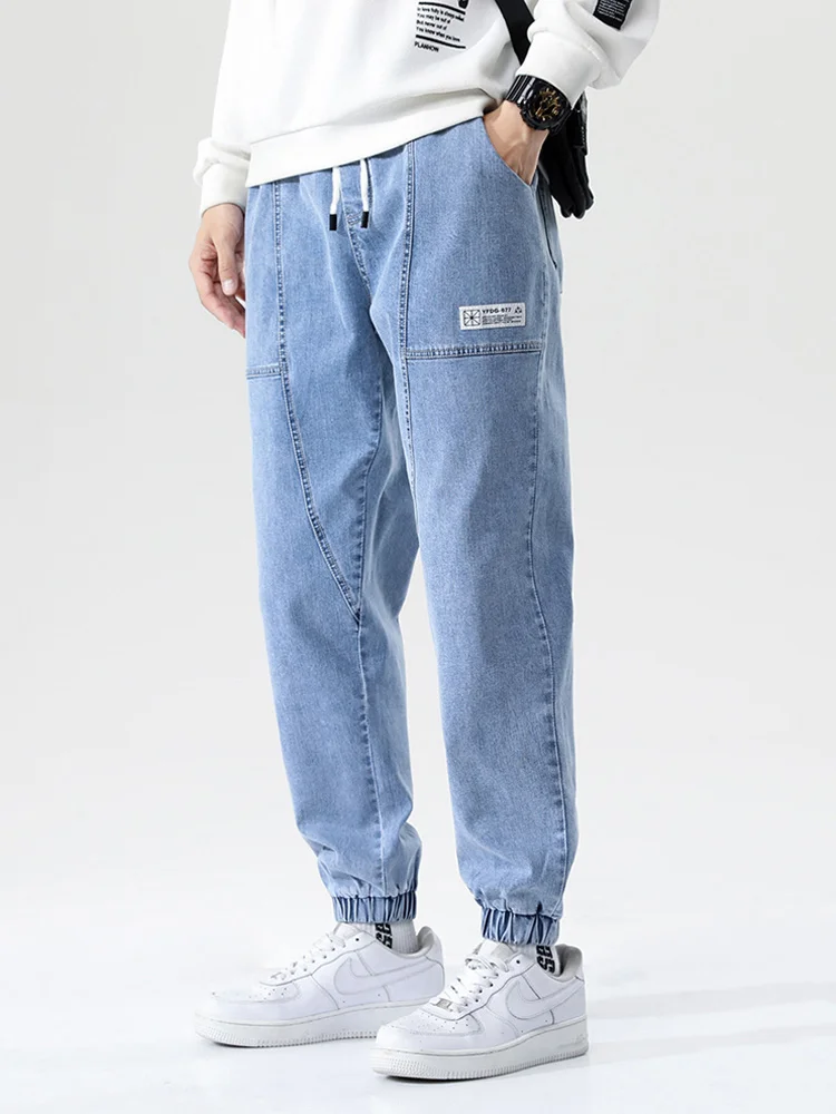 

2022 New Spring Summer Solid Cotton Baggy Jeans Men Stretch Denim Joggers Streetwear Ankle Length Casual Harem Jean Pants