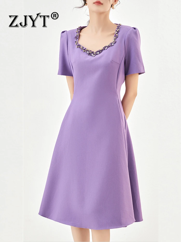 

ZJYT Luxury Diamonds Summer Dresses for Women Party 2023 Elegant Simple Purple Vestidos Short Sleeve Lady Special Occasion Robes