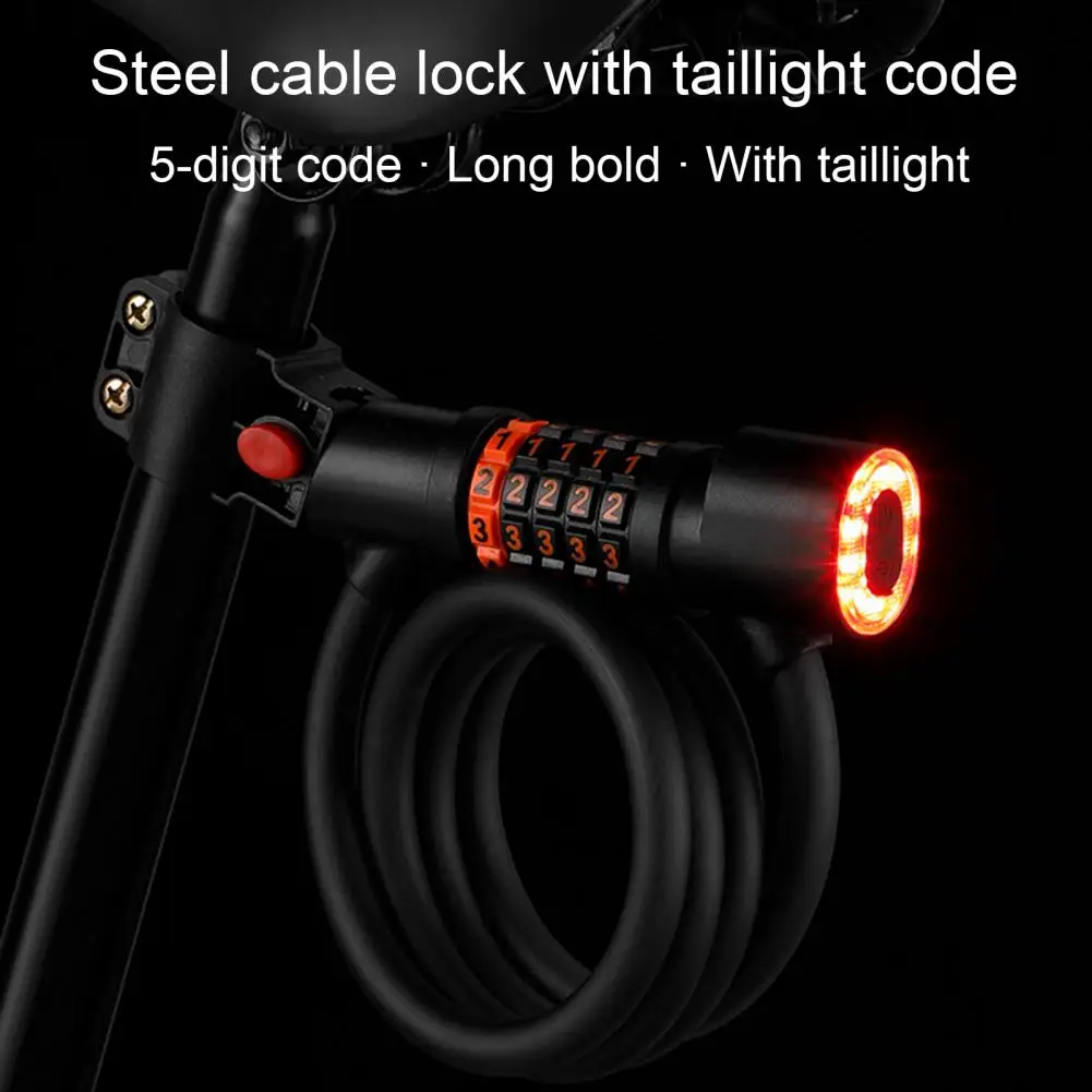 Lock With Tail Light High Security Heavy-duty Anti Theft 5 Digit Re-settable Combination Bike Cable Lock With Taillight