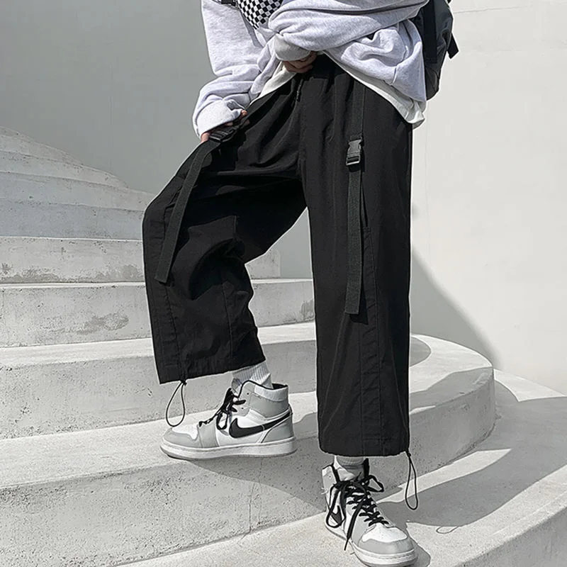 NoEstaMal High Street Men's Drawstring Casual Pants Harajuku Elastic Waist Solid Color Loose Hip Hop Black Casual Male Trousers